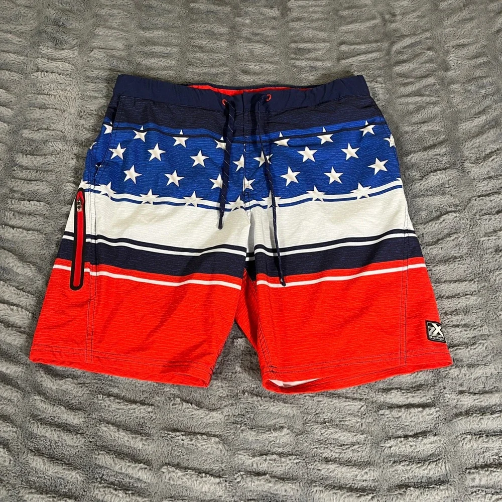 ZeroXposur Medium Swim Trunks Red White Blue Stars Stripes Board Shorts AP856